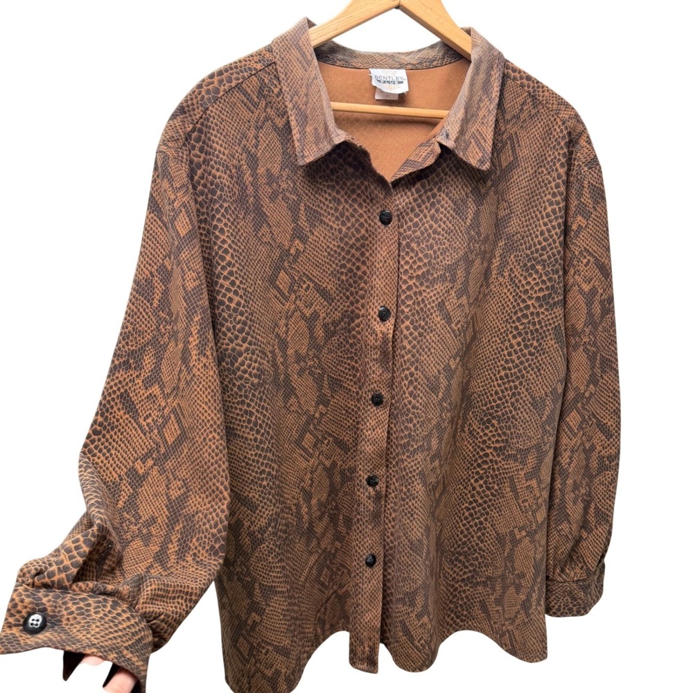 Vintage 90s TR Bentley Plus Snakeskin Print Button Down Shirt Brown Women 1X